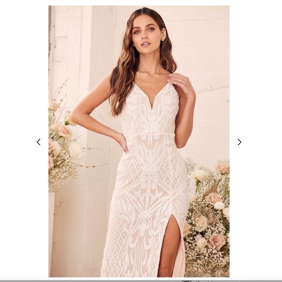 Lulus - Destined for Romance Beige and White Sequin Maxi Dress - Picture 2 of 5